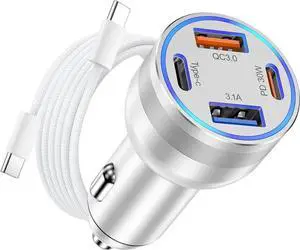 65W iPhone 15/16 Pro Max USB C Car Charger 4-Port USB-C&USB-A Car Charger Adapter Fast Charging USB C Cigarette Lighter Adapter+6FT Braided USB C Cable for iPhone 15/16/16 Plus/16 Pro/16 Pro Max iPad