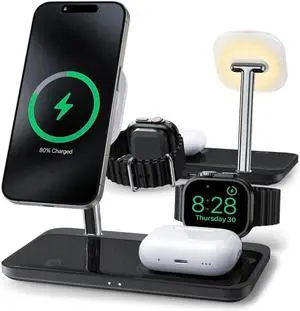 Wireless Charging Station for iPhone 16/15/14/13/12 Series 4 in 1 Mag-Safe Charging Stand for Multiple Watch Series 9-1/Ultra/SE&Airpods 4/3/2/Pro Magnetic Wireless Charger with Night-Lamp