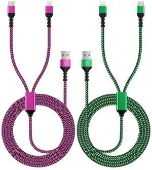 [2-in-1|4FT] USB to Lightning & Type C Charging Cable 2Pack Braided Multiple Charger Cord Fast Charging Wire for iPhone 16/15/14/13/12/11 Pro Max XR/8 Plus iPad Air/Mini Galaxy Pixel LG