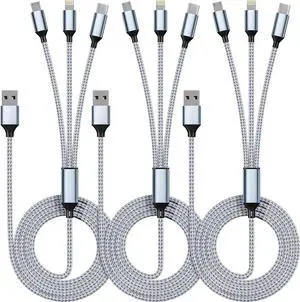 Multi Charging Cable(3Pack 4FT) 3 in 1 Charging Cable Nylon Braided Multiple USB Cable Universal Charging Cord with Type-C Micro USB and IP Port for Cell Phones and More