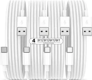 USB to USB C Cable with CarPlay [4-Pack 3FT&6FT] USBA to Type C Fast Charging Cords for iPhone 16/16 Plus/16 Pro/16 Pro Max/16e/15 Pixel A15/A25/A35/A54/A55 Galaxy S24/S23/S22/S21/S20/S10 Note 20