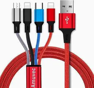 Multi Charging Cable Amuvec[2Pack 4FT 3A] 4 in 1 Nylon Braided Multiple USB Fast Charge Cord with 2*IP Type C Micro USB Port Connectors Compatible Cell Phones Tablets and More
