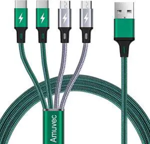 Multi Charging Cable [3A 4ft 2-Pack] Nylon Braided 4 in 1 USB with 2 Micro USB/2 Type C Port Connector Fast Charger Cord for iPhone 16 15 Pro Max Google LG Cell Phones Tablets and More