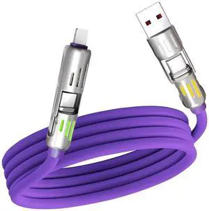 4 in 1 Multi Charging Cable - USB C A & Lightning Combo 5FT Purple Breathing Light Fast Charging for iPhone iPad Laptop