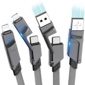 2Pack 4-in-1 USB C Cable 60W 6FT Lightning Cable Fast Charging Flat Nylon Braided for iPhone iPad Charger Cord [480Mbps Data Sync] Multi Charge Cable with Lightning/Type C/USB A Port