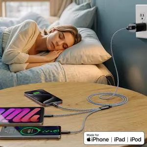 Multi Charging Cable 4ft 3Pack 3 in 1 Charger Cord Multiple Rapid Nylon Braided Cable USB Charging Cable Multi Phone Charger Cord with Type C Micro Lightning USB Connectors for Cell Phones