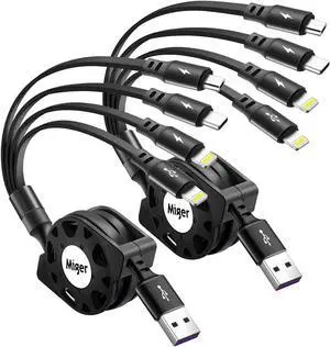 Multi Charging Cable 4A [2Pack 4Ft] Retractable USB Fast Charger Cord 4 in 1 Chargers for Multiple Devices with Lightning/Type C/Micro USB Port for Cell Phones iPhone iPads Galaxy Tablets