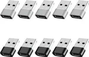 JAENFONG USB to USB C Adapter 10 Pack USB A to USB C Adapter USBC Female to USBA Male C Charging Cable Converter for iPhone 15/14/13 MacBook Pro Laptop Black+Grey