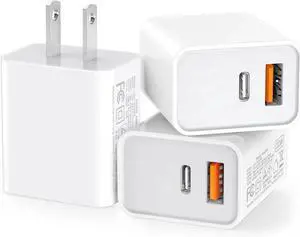 3 Pack USB C Wall Charger 20W Durable Dual Port QC+PD 3.0 Power Adapter Double Fast Plug Charging Block for iPhone 13/14/15/16/16 Pro/Pro Max/Plus XS/XR/X Watch Series 8/7 CubeWhite