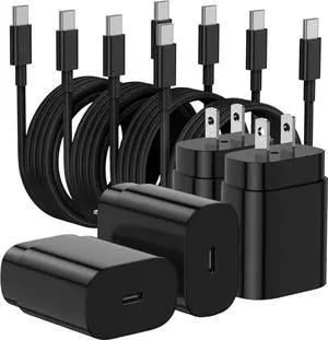 25W Type C Super Fast Charging 4-Pack USB C Wall Charger Block with 2×6ft + 2×10ft USB C to C Cables for Galaxy S25 Ultra/S25+/S25/S24/S23/S22/Note 20 Series (ETL/FCC Certified)