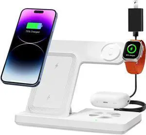 Wireless Charger 3 in 1 Charging Station for Multi Devices Charging Stand Dock for iPhone 8-16 Series Watch 3 2 with Adapter (White)