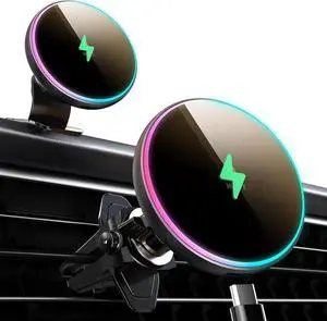 for Magsafe Car Mount Charger-15W Wireless Car Charger-Magnetic Car Phone Holder for Dash Air Vent-LED RGB HandsFree Car Mount Fast Car Charger for iPhone 14/13/12 Series