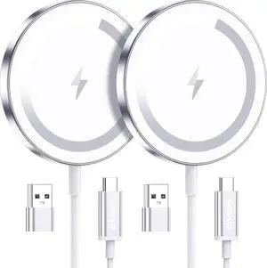 for Mag-Safe Charger 2 Pack Magnetic Wireless Charger for iPhone 16 15 14 13 12 Pro Max Plus mini 15W Fast Charging Pad for Airpods 4/3/2/Pro Strong Magnet Silver