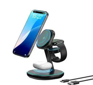 3-in-1 Charging Station 2X Faster 15W Wireless Charging Station for iPhone 16/15/14/13/12 for Watch AirPods Magnetic Wireless Charger with Sleep Friendly Light (Black)