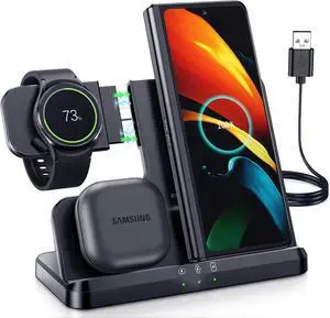 Wireless Charger for 3 in 1 Wireless Charging Station for Galaxy Watch Charger Compatible for S25 Ultra Plus S24 S23 S22 S21 Z Fold Flip 7/6/5/4 Galaxy Watch 8/7/6/5 Pro/4/3(Black)