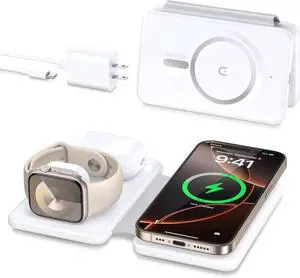 Magnetic Wireless Charger for iPhone: 3 in 1 Travel Charging Station for Devices for iPhone 16 15 14 13 12 Pro Max Plus - Foldable Charging Pad for Watch Series & Airpods 4 3 2 Pro