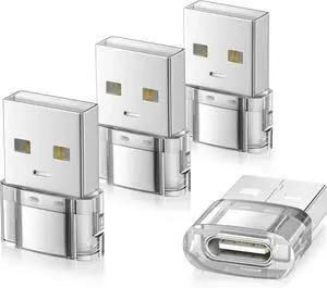 JAENFONG USB to USB C Adapter 4 Pack Transparent Type-C Female to A Male Car Charger Converter for New iPhone 16 Pro Max Plus 15 14 13 Watch 10 9 8 Airpods iPad Air 5 Mini 6 7 S25 Ultra