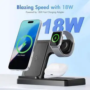 Wireless Charging Station for Devices: 3 in 1 Foldable Fast Qi Case-Friendly Charger Stand for iPhone & Watch & AirPods Charging Dock for Home Desk Nightstand Office Remote Workers (Black)