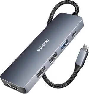 JAENFONG USB C Hub 5-in-1 with 4K HDMI(Certified) 100W Power Delivery 3 USB-A Silicone Cable Aluminum Case Compatible with MacBook Pro/Air iPad Pro iMac iPhone 15 Pro/Pro Max XPS Thinkpad