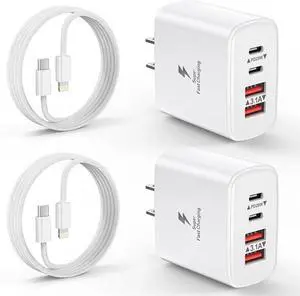 iPhone Charger Fast Charging 2 Pack 40W 4-Port USB C Wall Charger Block with 2 Pack 6FT Long USB C to Lightning Cable for iPhone 14/13/12/11/Pro/Pro Max/Mini/Xs Max/XR/X iPad