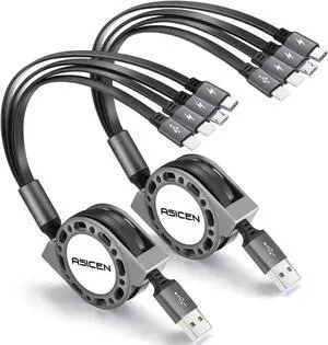 2Pack Multi Charging Cable 4 in 1 5Ft Retractable iPhone Charger Cable Multi Charging Cord Retractable USB Cable with iP/Type C/Micro USB Ports for iPhone16/15/14 Series/Cell Phones/Samasung & More