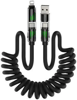 4-in-1 Coiled Universal USB Charging Cable -MAX 240W Fast Charging/Charger Cord with Multi USB Port for iPhone 16/15 14 13 iPad MacBook iPad Tablets and More (Black Coiled 6Ft)