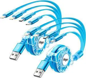 Multi Charging Cable 2Pack 4Ft Retractable USB Charger Cord 4 in 1 Fast Chargers for Multiple Devices with Lightning/Type C/Micro USB Port for Cell Phones iPhone iPad Galaxy PS Tablet More