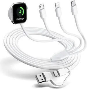 Multi Charging Cable 4 in 2 for Watch Charger i-Phone Travel 4 in 2 Watch & Phone Charger with iOSPorts/Type C/Micro USB Port Compatible with iWatch/iPhone 16 15/Galaxy Android-6FT
