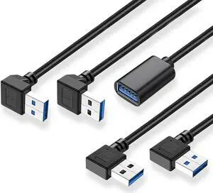 JAENFONG 90 Degree USB 3.0 Extension Cable (4 Pack) Vertical Up and Down Angle Horizontal Left and Right Angle USB Male to Female Extender Cord (Black 30CM)