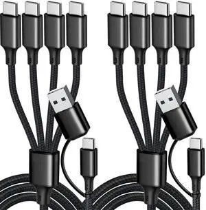 USB C Splitter Multi Charging Cable USB A/C Fast Charging Cord 4 in 2 Multi Charger Cable with 4 Type-C Connectors for iPhone16/15 Series/Cell Phones & Pads-2Pack 4FT Black