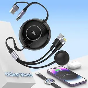 Retractable 100W Galaxy Watch Charger Fast Charge Cable - Multi 3-in-2 USB C/A to Lightning+USB C for Watch 6/5/4/3/2/Pro/Active iPhone 15/14/13/12 S24/23/S22