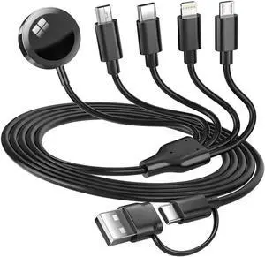 5-in-2 Multi Charging Cable for Watch Charger: USB A/C Input Lightning/Type C/Micro/Mini B/Wireless Output Compatible with iPhone 15-13 iWatch 1-9 Galaxy S23-22 4FT (Black)