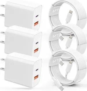 USB C Charger iPhone Charger Fast Charging 3Pack 20W PD+QC3.0 USB A Dual Port Wall Charger Block with 6FT USB C to Lightning Cable Compatible with iPhone 14 Pro Max/13Pro/12/11/XS/XR/X