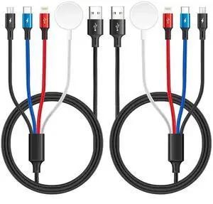 Upgraded Multi Charging Cable 3.5A 6Ft 4 in 1 Braided Multi Fast Charging Cord with Lightning/Type C/Micro port for Watch Charger Magnetic Wireless iWatch UItra/SE/Series 9-1/iPhone 15 14/Galaxy
