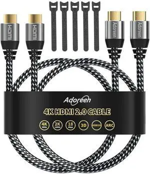 4K HDMI Cable 4 Feet/2 Pack High Speed 18Gbps Braided HDMI 2.0 Cable Cord 4K@60Hz 2K 1080P ARC HDR HDCP 3D Sturdy&Flexible&Untangled&Supreme Texture Compatible Monitor UHD TV PC PS5 Xbox+5 Ties
