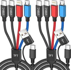 Travel 4 in 2 Charging Cable with Dual Type-C Port USBA/C Multi Charging Cable for Multiple Devices Tinned Copper Charger Cord for Phone16/15/14 Android Tablet Pad More (2Packs 5FT)