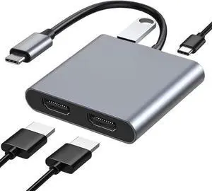 JAENFONG 4-in-1 USB C to Dual HDMI Adapter USB C Multi Port Adapter with 2 HDMI 4K Ports USB3.0 PD 100W C-Type to 2 HD Splitter Suitable for MacBook Air/Pro XPS