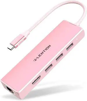 JAENFONG USB C Hub with Gigabit Ethernet Adapter 4K HDMI 3 USB 3.0 Port for 2024-2016 MacBook Pro 13/14/15/16 New Mac Air & Surface Chromebook More Stable Driver Certified (CB-C25 Rose Gold