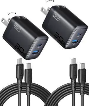USB C Charger Block 2-Pack 30W Fast Charging Type C Wall Charger with Foldable Plug and 5ft USB-C Cable for iPhone 16 15 S25 S24 iPad Pro and More Series