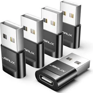 JAENFONG USB C Female to USB Male Adapter (5-Pack) 3.1A Fast Charging Compatible with iPhone 16 15 14 13 Pro Max Watch Galaxy Watch S24 S23 S22 CarPlay Android Auto-Black