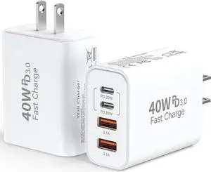 USB C Wall Fast Charger Block 40W 4-Port Type C Charger Fast Charging Blocks PD Power Charger Adapter+QC 3.0 USB Multiport Charger Brick for iPhone 16/15/14/13/12 Pro Max iPad Galaxy S24/23-2Pack
