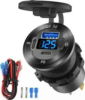 12V USB Outlet 3 Port Car Charger Socket 78W Dual PD USB C 30W and Quick Charge3.0 Port Aluminum Charger Waterproof with Voltmeter and Button Switch for Boat Marine Motorcycle RV Truck Golf Cart etc