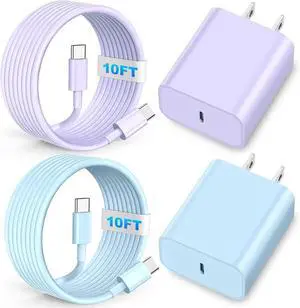 USB C Fast Charger 2Pack 20W Type C Wall Charger Block and 60W 10FT i Phone Fast Charging Cord Compatible with i Phone 15/16 Pro/Plus/Pro Max/ - Purple Blue