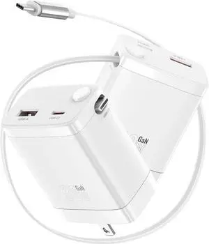 30W Retractable Wall Charger with USB C Cable 2.1FT 2-Port USB Block 3 in 1 Travel Essentials for iPhone Charger Fast Charging Plug for iPhone 16/15 Series iPad LG -Only 1Pcs