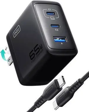 65W USB C Charger Block 3-Port Fast Compact Foldable Charging Block for MacBook iPad Pro Galaxy S24 iPhone 16/15 and More Series