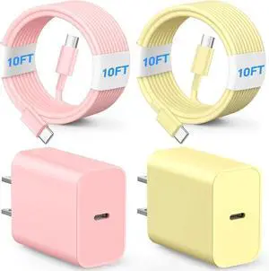 Phone Chager Fast Charging 60W 10FT USB C Charger Cord and Type C Wall Charger Block Compatible with i Phone 16/16 Plus/16 Pro/16 Pro Max/15/15 Pro/15 Pro Max/15 Plus - Pink and Yellow