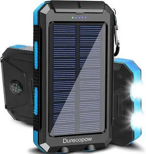 JAENFONG Solar Charger Power Bank 20000mAh Portable Outdoor Waterproof Solar Battery Charger Camping External Backup Battery Pack USB C Ports Input/Output 2 Led Light Flashlight with Compass (Blue)