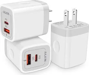 3Pack Dual Port USB-C Wall Plug-in USBC Charger 20W Power Delivery + QC3.0 USB A Double Port Fast Charging Block for iPhone 15 14 13 12 Pro Max 14 Pro 12 Mini 16Pro Max 16 Plus 16E X XS Cube
