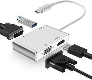 JAENFONG USB C to HDMI DVI VGA Adapter 4 in 1 USB-C hub to 4K HDMI VGA DVI Video Adapter Male to Female Multi-Display Video Converter Monitors Connector for Mac Pro MacBook Air iPad Pro XPS etc