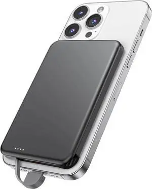 JAENFONG for MagSafe Portable Charger 0.3 Ultra Slim 5000mAh Magnetic Power Bank 25W PD Fast Charging Battery Pack with Built-in Cable Travel Battery Bank for for iPhone 16/15/14/13/12 Black